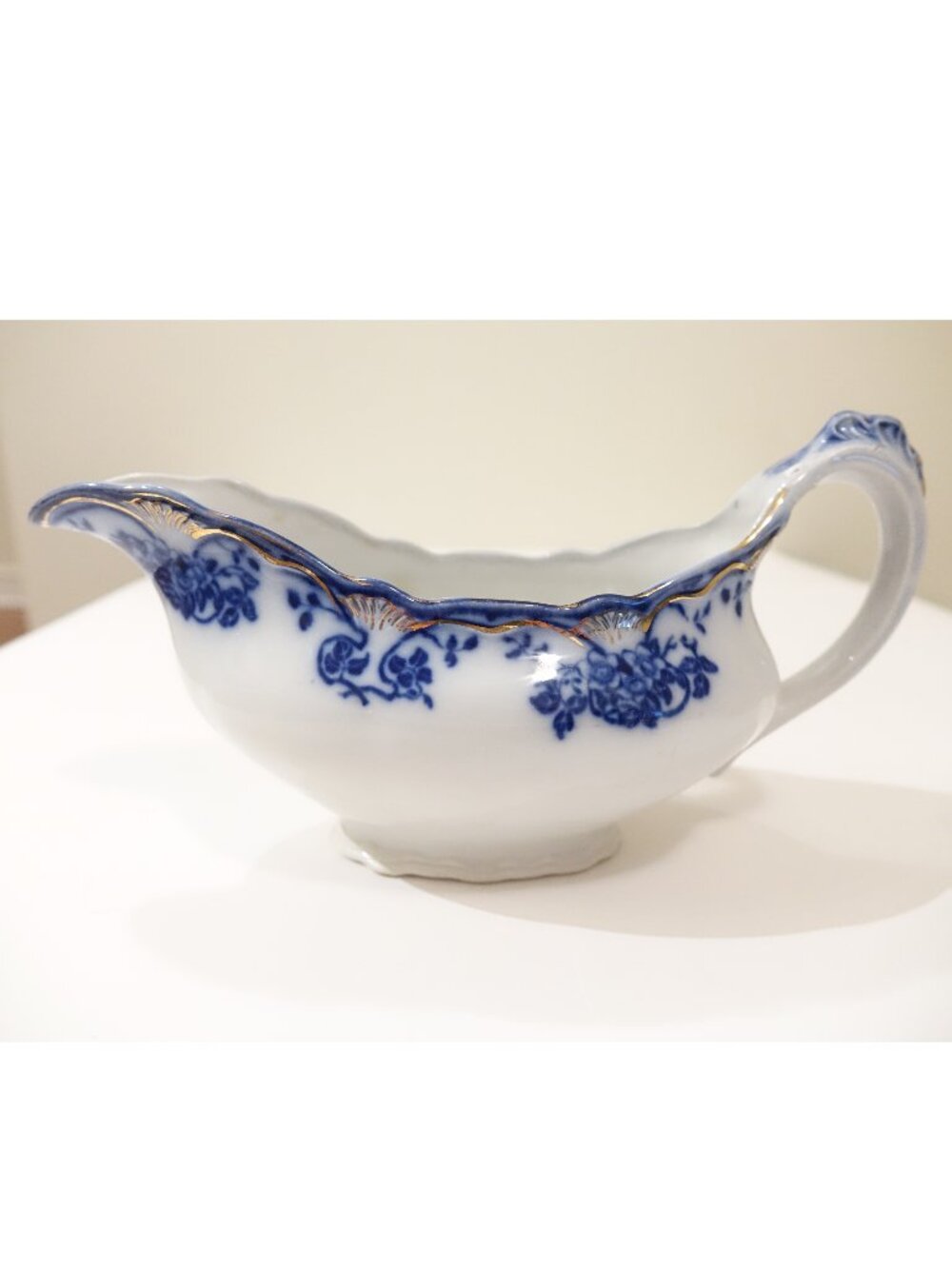Antique Flow Blue Royal Staffordshire Davenport Gravy Boat with Gold Trim